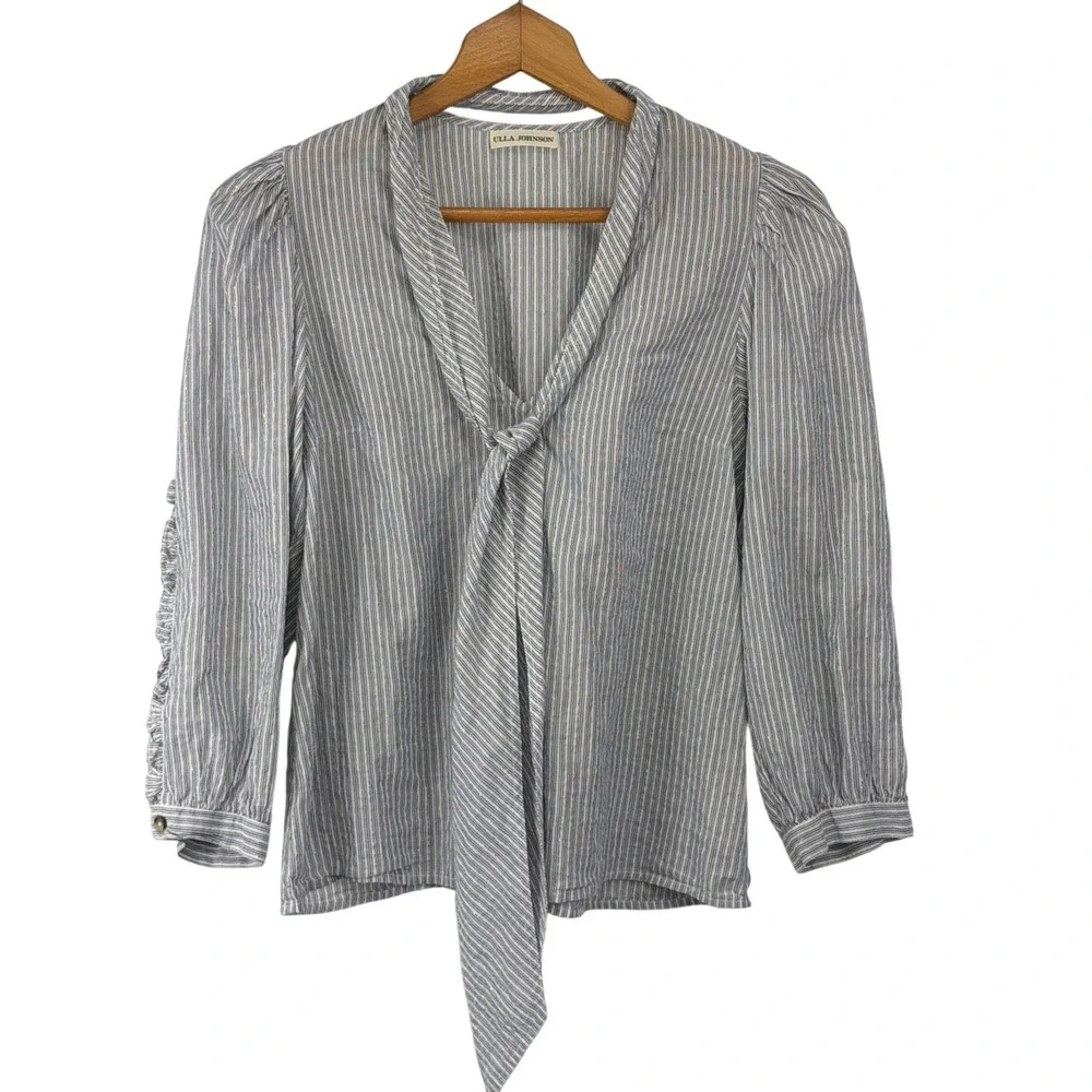 Ulla Johnson Striped Tie Neck Blouse Blue White‎ Gold Lurex Ruffle Sleeve Size 2